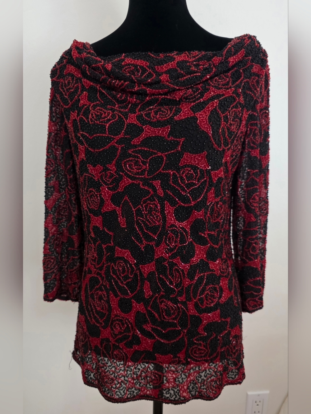 Vintage Paradise NY Elegant Silk Red & Black Cowl Neck Beaded Top Women's Sz M